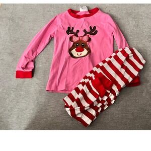 Classic Whimsey Kids Pink Reindeer Applique Pajama‎ Set Size 6 Striped Pants